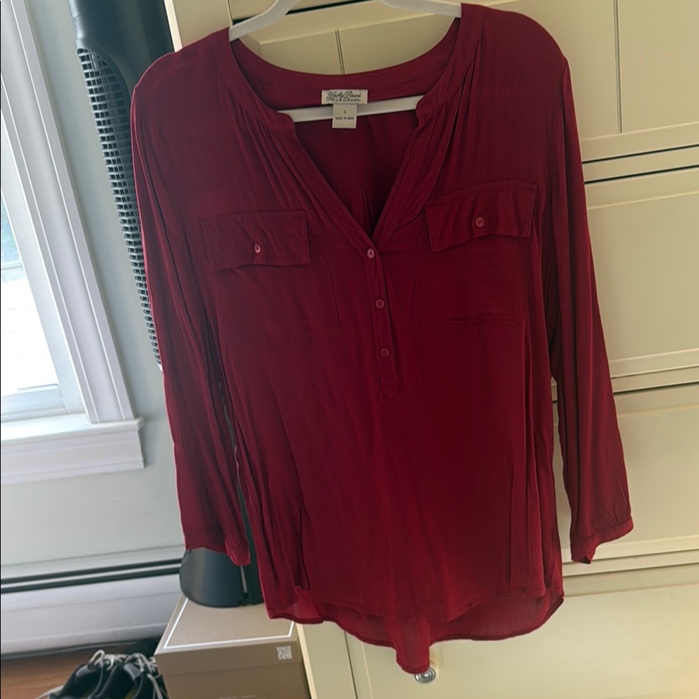 Lucky Brand Relaxed Red Polo Blouse with 3/4 Sleeves